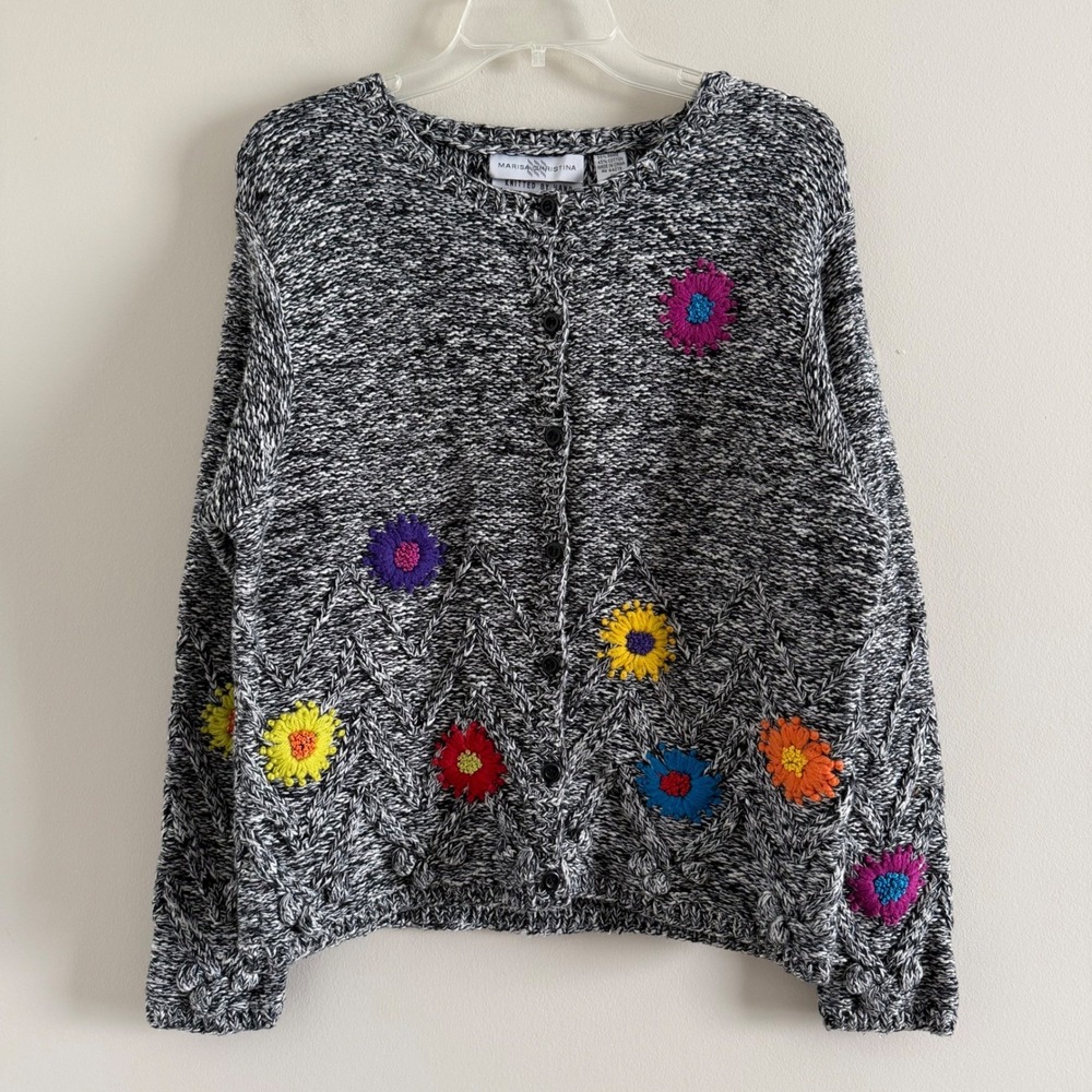 VTG Marisa Christina Hand Knitted Grandma Cardigan Sweater Black White Large